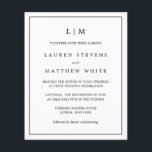 Flyer Invitación a la boda de Lauren Black and White Bud<br><div class="desc">Folleto de invitación a bodas de bajo presupuesto con un diseño moderno y elegante con su monograma de dos letras en la parte superior y sus detalles rodeados de un delgado borde. Todo el texto está en negro sobre un fondo blanco. Las fuentes y los colores de fondo pueden cambiarse...</div>