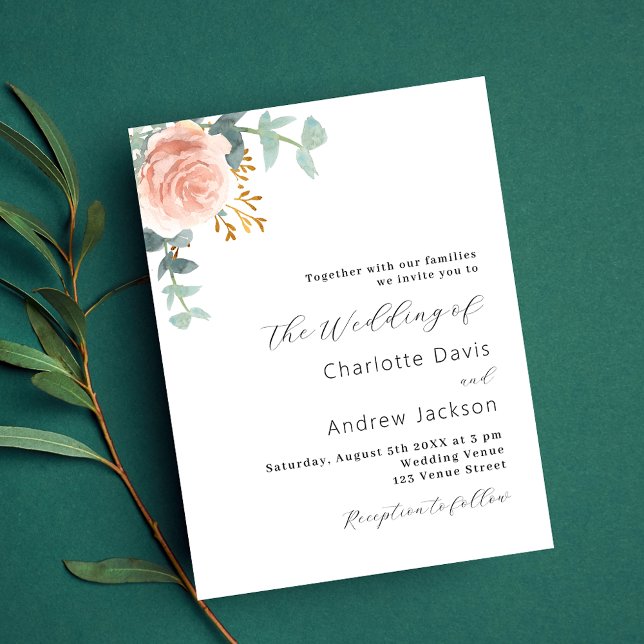 Flyer invitación a la boda de oro floral de presupuesto  (Subido por el creador)