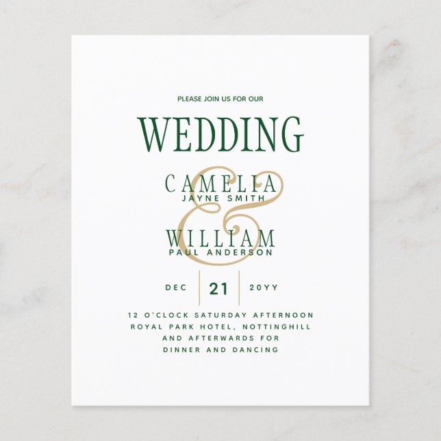Flyer Invitación a la boda de oro verde esmeralda (Frente)