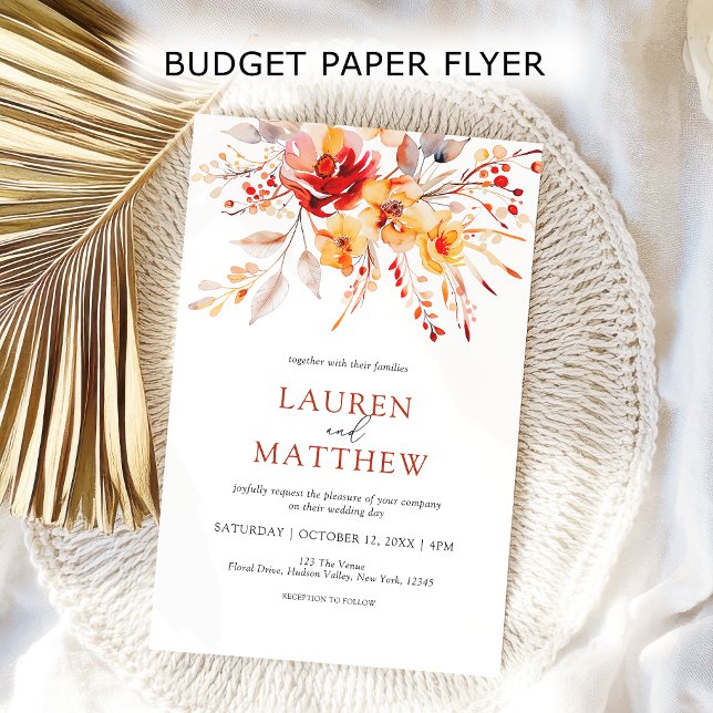 Flyer Invitación a la boda de otoño floral elegante con  (Budget elegant boho floral fall wedding invitation. A polished look at an affordable price.)