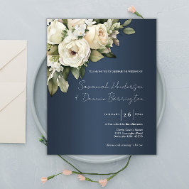 Flyer Invitación a la boda de rosas blancas, azul y polv