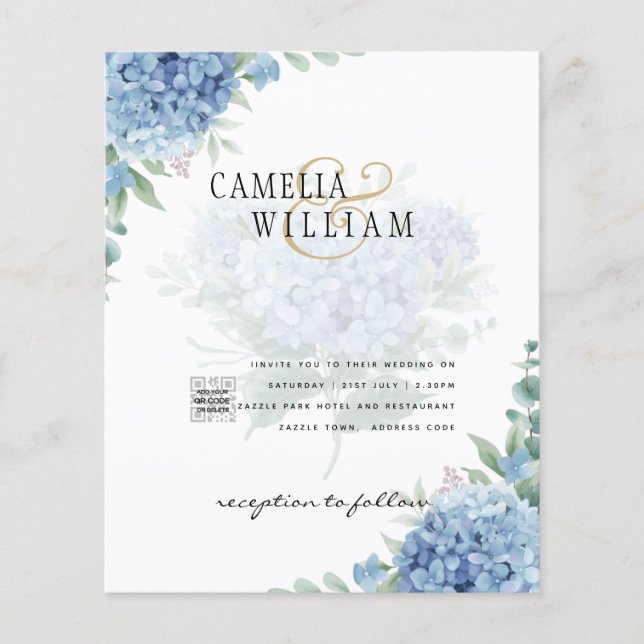 Flyer Invitación a la boda de una foto de Hydrangea azul (Frente)