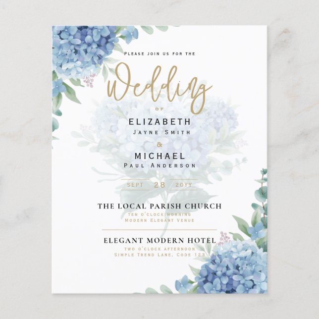 Flyer Invitación a la boda de una foto de Hydrangea azul (Frente)