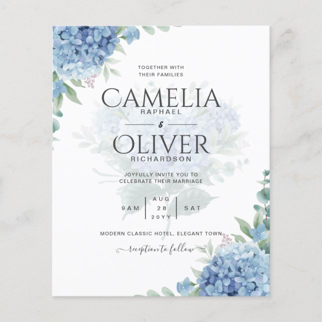 Flyer Invitación a la boda de una foto de Hydrangea azul (Frente)