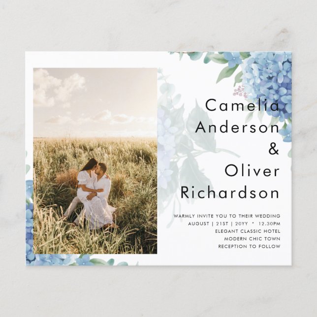 Flyer Invitación a la boda de una foto de Hydrangea azul (Frente)