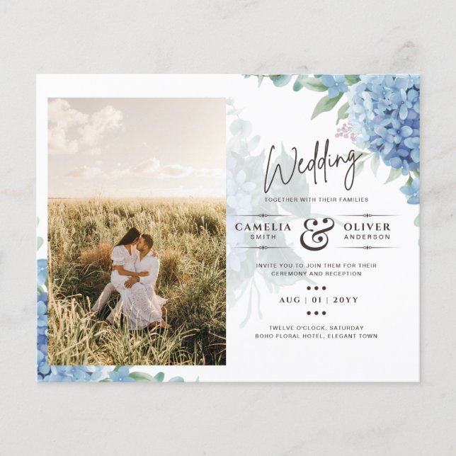 Flyer Invitación a la boda de una foto de Hydrangea azul (Frente)