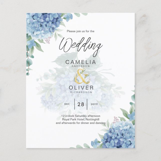 Flyer Invitación a la boda de una foto de Hydrangea azul (Frente)