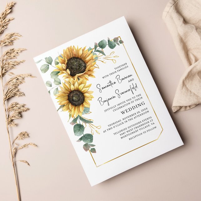 Flyer Invitación a la boda del presupuesto del girasol E (Sunflower Eucalyptus Floral Script Wedding Invitation)