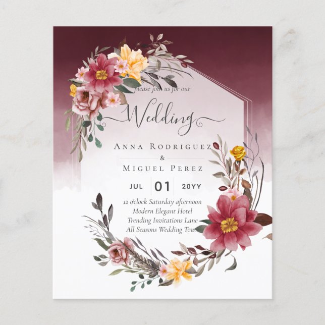 Flyer Invitación a la boda floral amarilla LeahG Burgund (Frente)