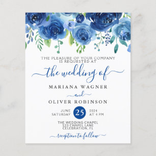 Flyer Invitación a la boda floral azul de la Marina de P