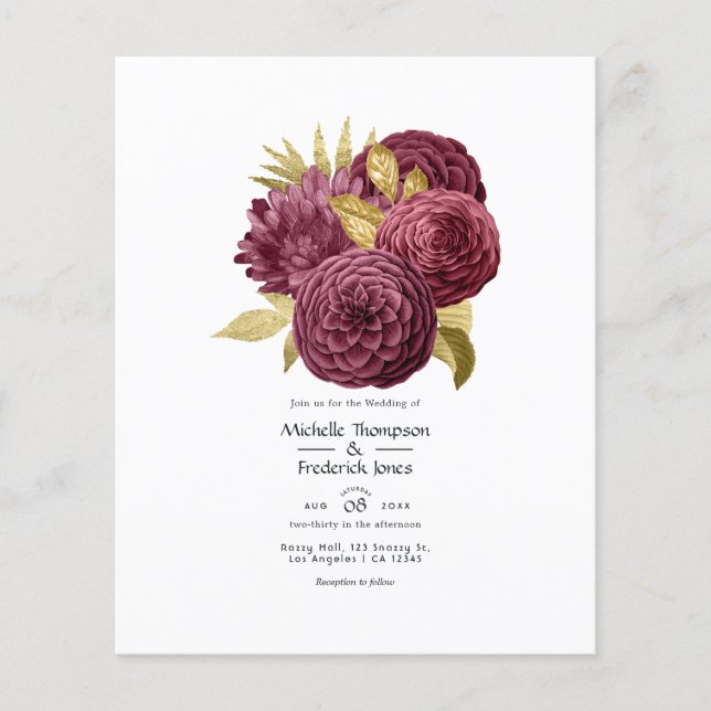 Flyer Invitación a la Boda Floral de Borgoña y Oro Vinta (Frente)