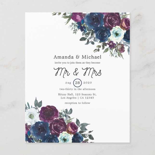 Flyer Invitación a la boda floral de ciruela y marina (Frente)