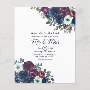Flyer Invitación a la boda floral de ciruela y marina