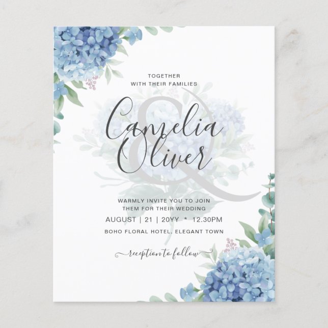 Flyer Invitación a la boda floral de Hydrangea azul mode (Frente)