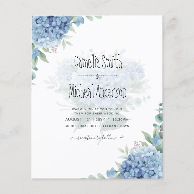 Flyer Invitación a la boda floral de Hydrangea azul mode (Frente)