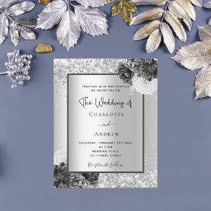 Flyer Invitación a la boda floral de plata monocromática