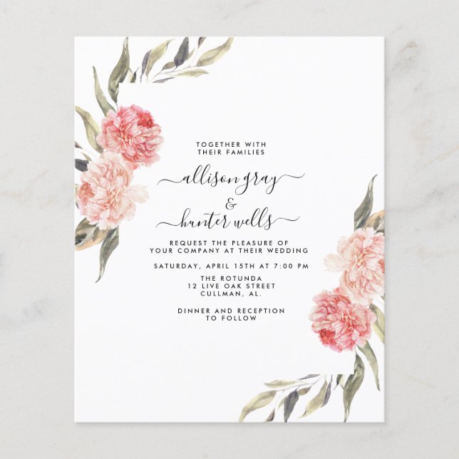 Flyer Invitación a la boda floral de presupuesto | Alise (Frente)