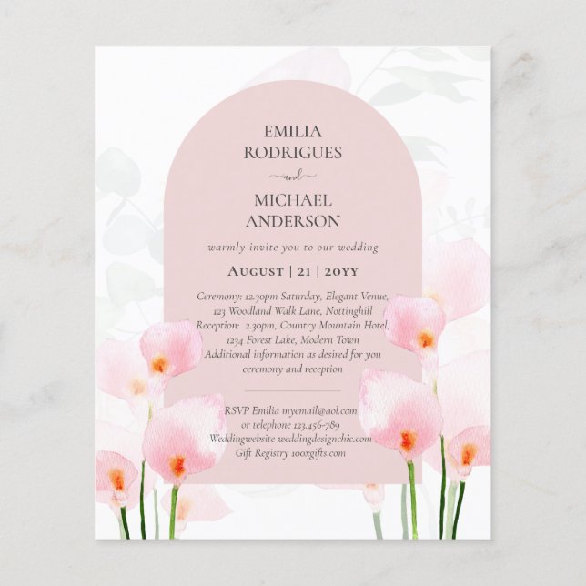 Flyer Invitación a la boda floral LeahG Pink Calla Lily (Atrás)
