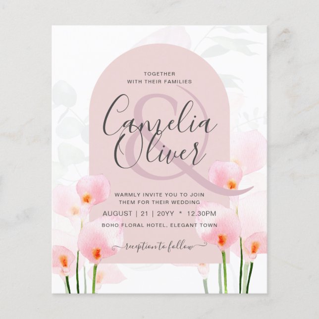 Flyer Invitación a la boda floral LeahG Pink Calla Lily (Frente)