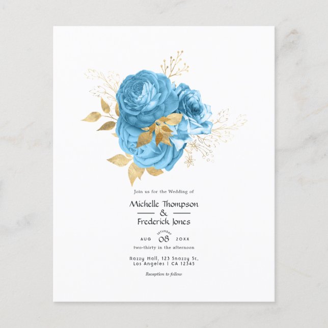 Flyer Invitación a la Boda Floral Pastel Blue y Gold (Frente)