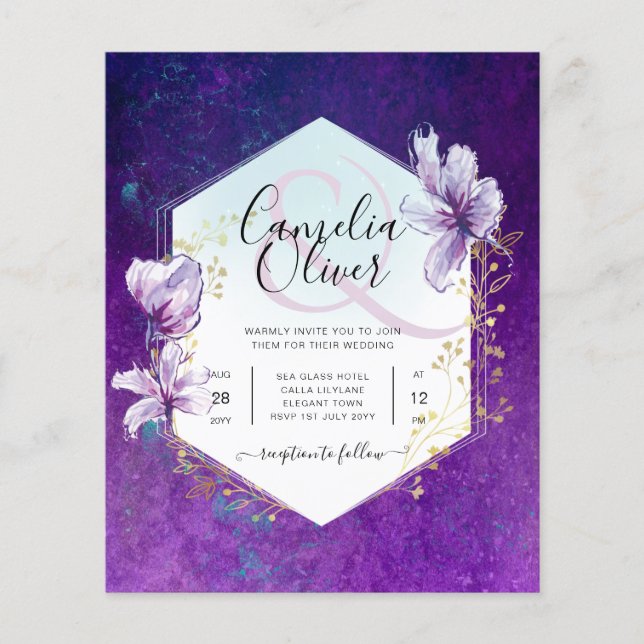 Flyer Invitación a la boda floral púrpura de la columna  (Frente)