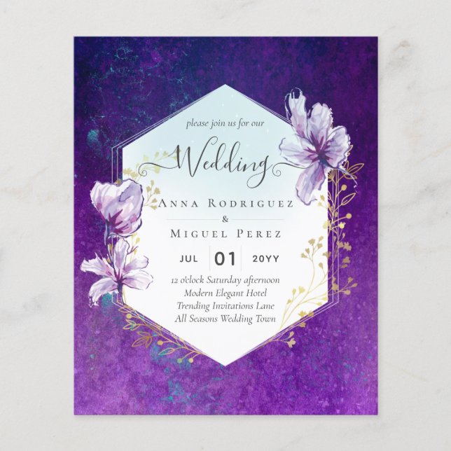 Flyer Invitación a la boda floral púrpura de la columna  (Frente)