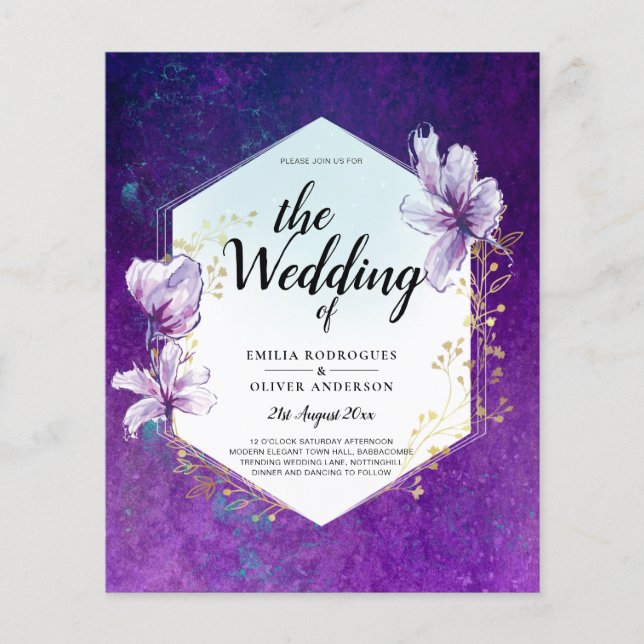 Flyer Invitación a la boda floral púrpura de la columna  (Frente)
