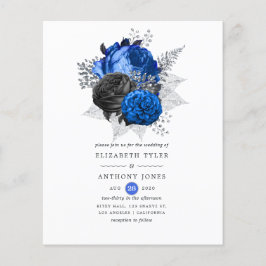 Flyer Invitación a la boda floral real azul, negro y pla