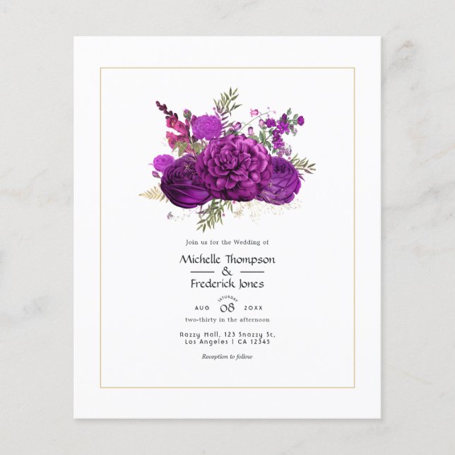 Flyer Invitación a la boda floral real morada y dorada (Frente)