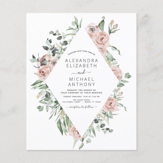 Flyer Invitación a la boda floral rosa y turbia (Frente)