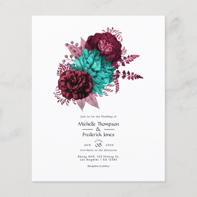 Flyer Invitación a la boda floral turquesa y borgoñona (Frente)