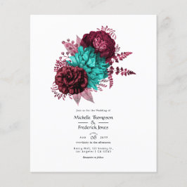 Flyer Invitación a la boda floral turquesa y borgoñona