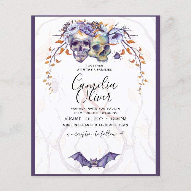 Flyer Invitación a la boda gótica calavera Naranja púrpu (Frente)