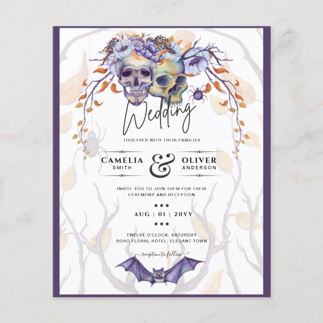 Flyer Invitación a la boda gótica calavera Naranja púrpu (Frente)