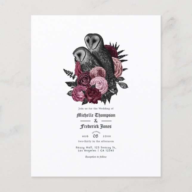 Flyer Invitación a la boda gótica de búhos de Borgoña (Frente)