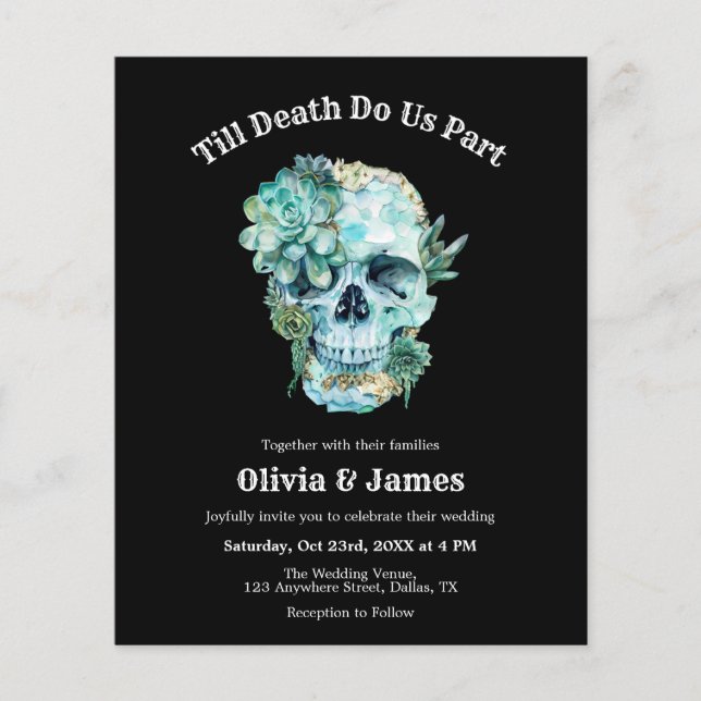 Flyer Invitación a la boda gótica de Halloween con cráne (Frente)