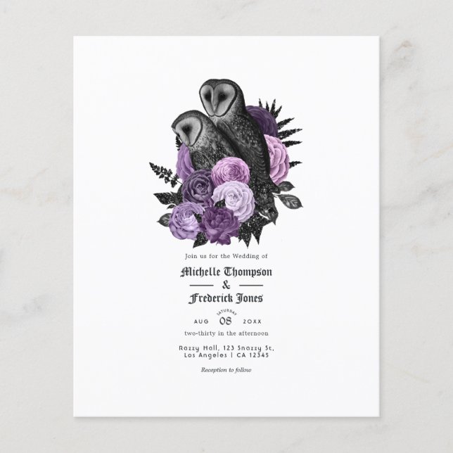 Flyer Invitación a la boda gótica de las lechuzas púrpur (Frente)