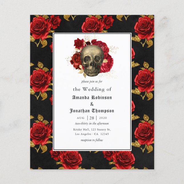 Flyer Invitación a la boda gótica floral con presupuesto (Frente)