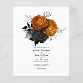 Flyer Invitación a la boda gótica floral negra y Naranja