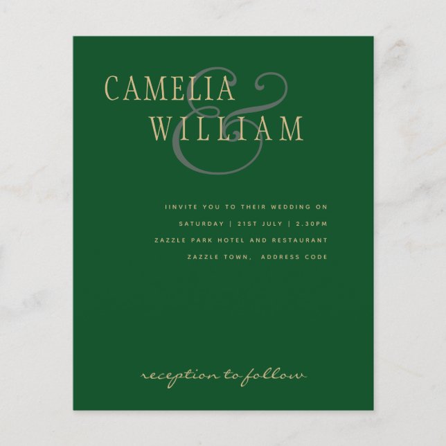 Flyer Invitación a la boda moderna de oro verde esmerald (Frente)