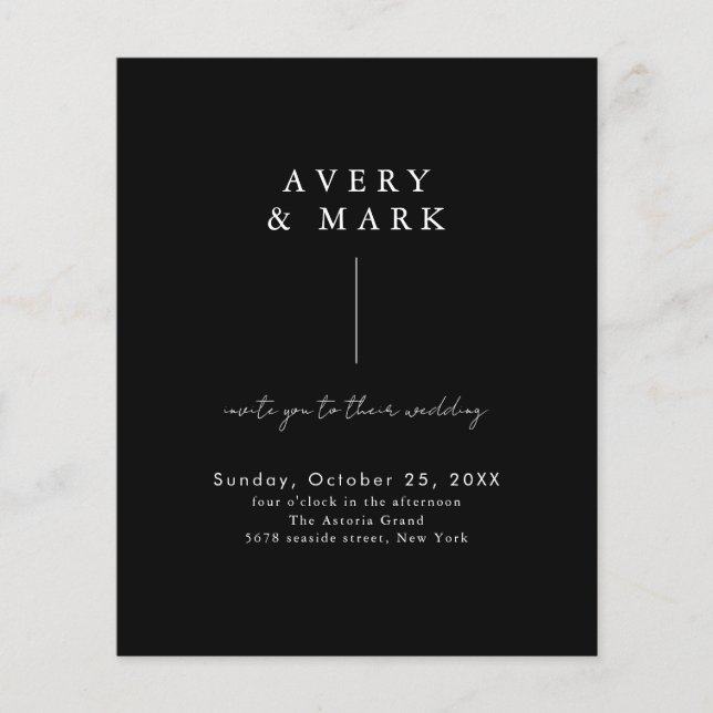 Flyer Invitación a la boda moderna y negra de presupuest (Frente)