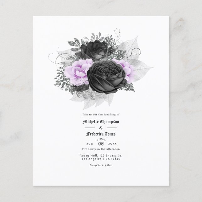 Flyer Invitación a la boda morada y negra floral (Frente)