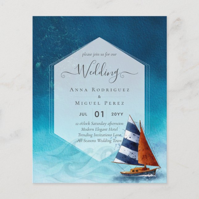 Flyer Invitación a la boda náutica con barco de vela (Frente)