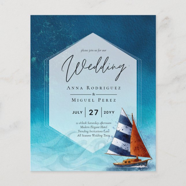 Flyer Invitación a la boda náutica con barco de vela (Frente)