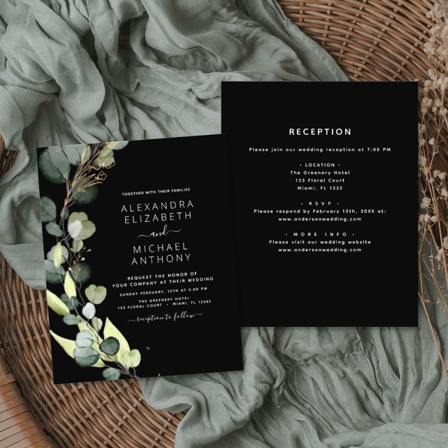 Flyer Invitación a la boda negra de eucalipto todo en un (Subido por el creador)