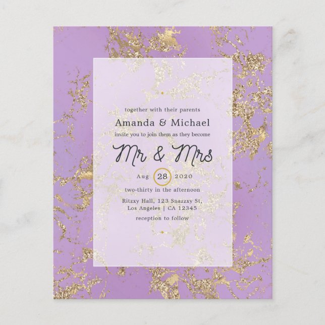 Flyer Invitación a la Boda Presupuestaria de Mármol Púrp (Frente)