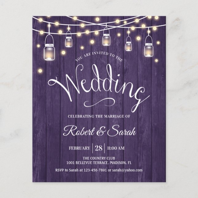 Flyer Invitación a la Boda Rustica de Madera Púrpura Pre (Frente)