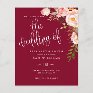 Flyer Invitación a la boda simple de borgoña con flores