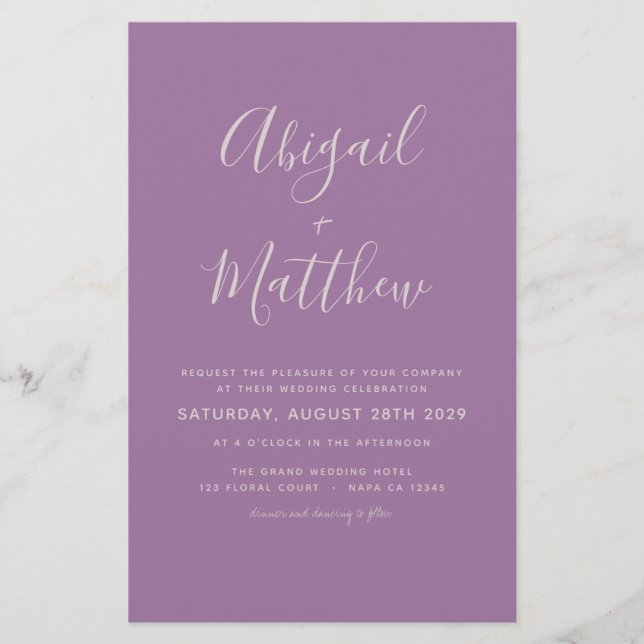 Flyer Invitación a la boda simple púrpura y dura del pre (Frente)