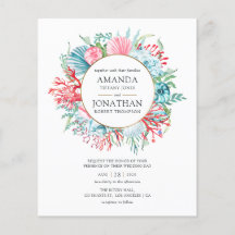 Invitación a la boda verde azulada y coral en la p